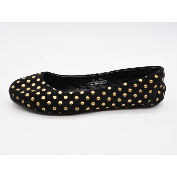 Born Crown Ballet Flats Womens 6 Black Suede Gold Spotted Round Toe Slip On Shoe - Picture 2 of 12